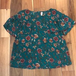 Teal peach floral blouse ruffled sleeves
